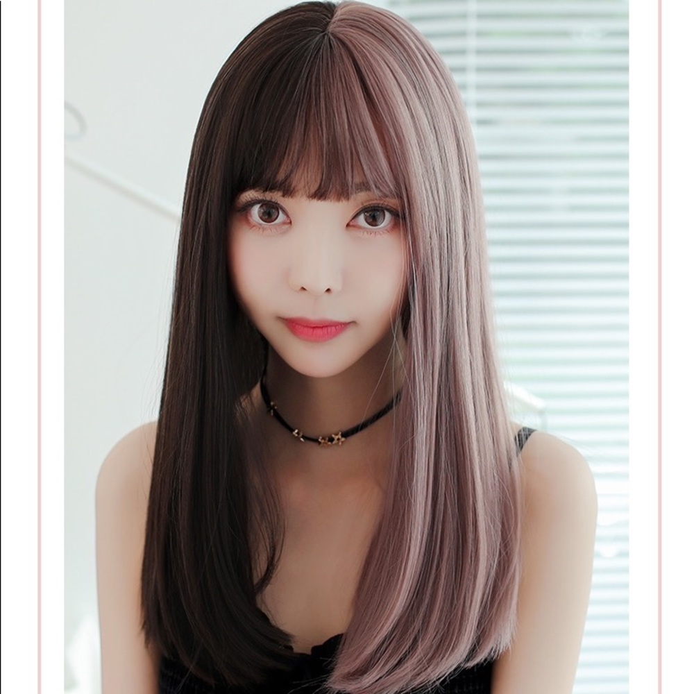 Mid Long wig with bang Lolita cosplay pink black mix with tea color